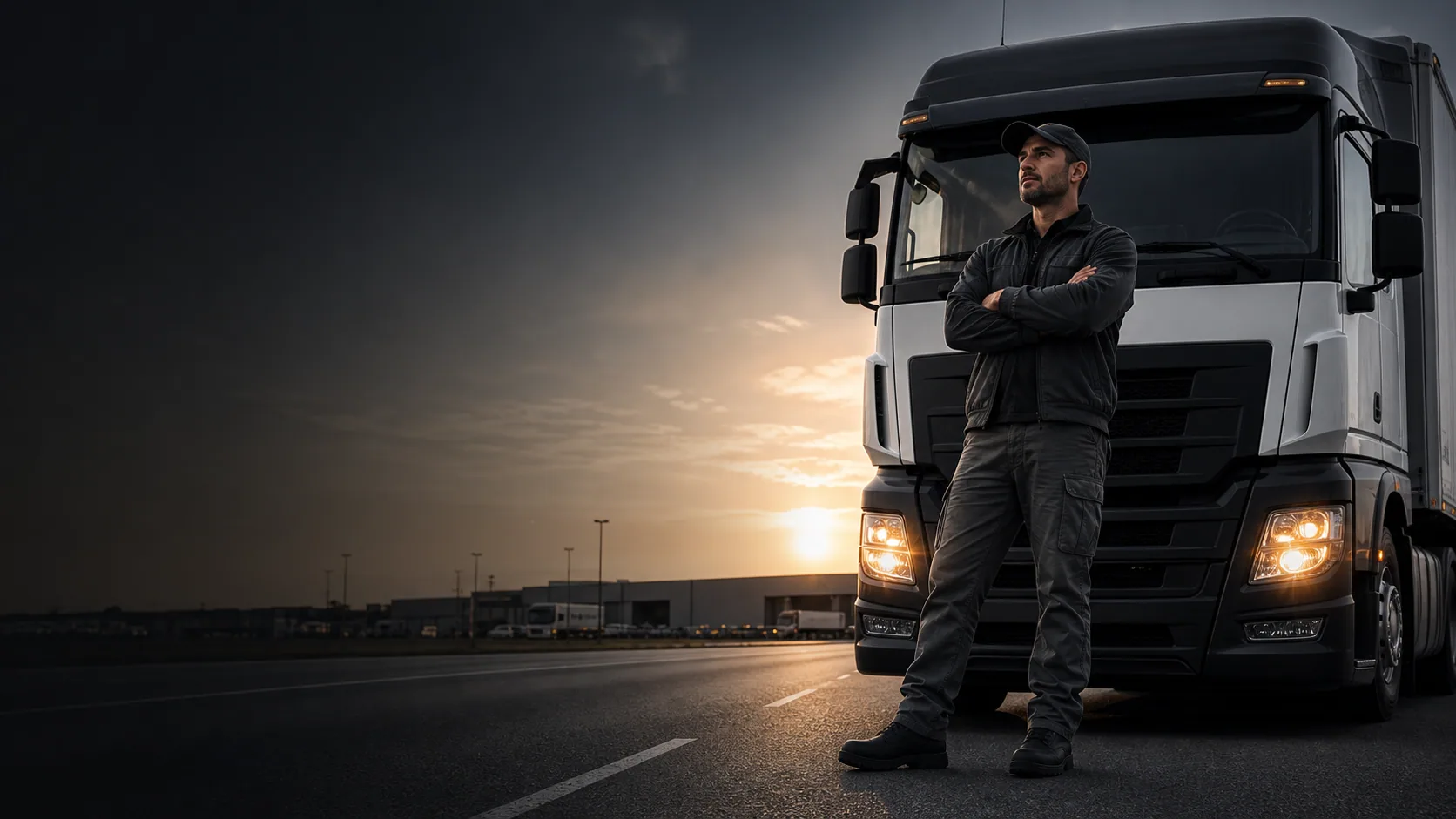 Motorista parceiro ao lado de caminhão pronto para viagem
